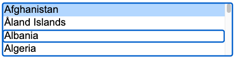 A country select element with Afghanistan selected and Albani with focus